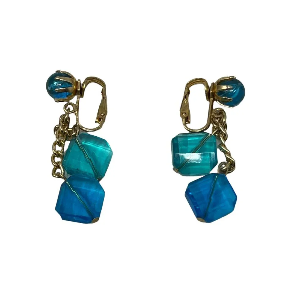 Vintage Earrings Blue Drop Bead Clip On Made‎ in Hong Kong